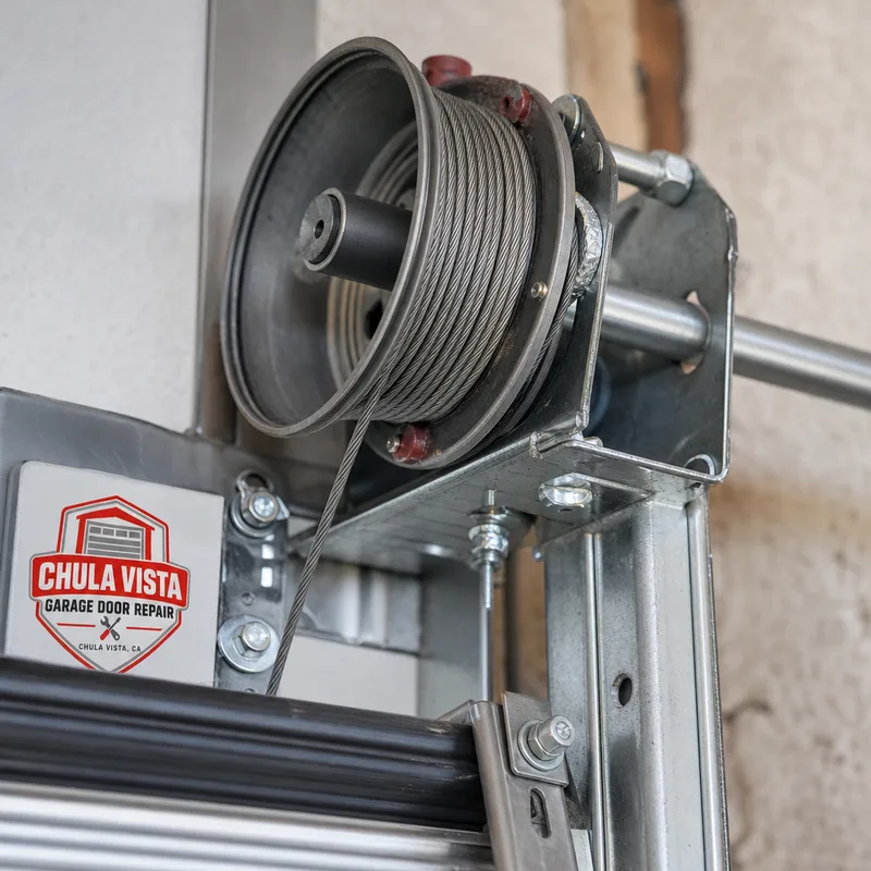 Garage door cable seated on the drum with the bottom bracket visible