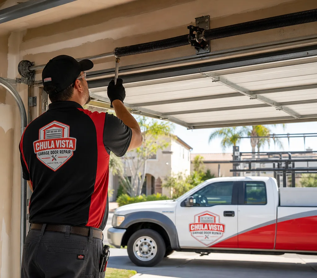 Residential sectional garage door partly open while a contractor inspects the torsion spring and center bearing plate