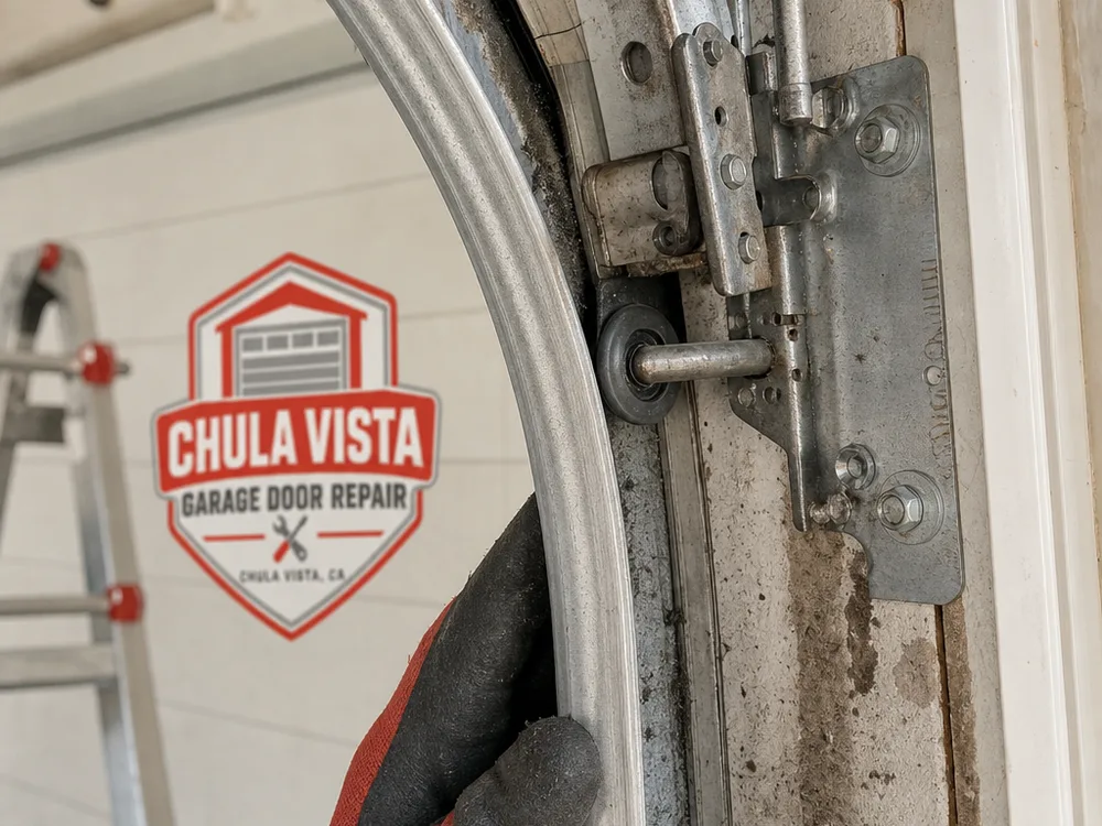Close-up of worn garage door rollers, hinge, track bolts, and debris in the track