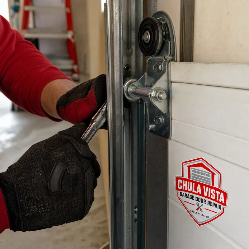 Vertical garage door track, rollers, and sectional door hinge in alignment