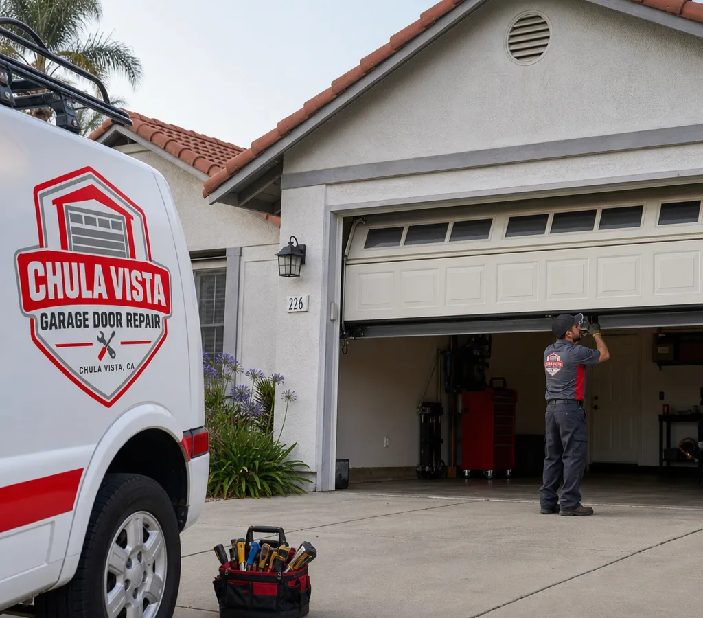 Residential overhead garage door partly open on a Chula Vista-style home