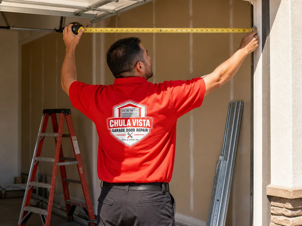 Contractor measuring a residential garage door opening and headroom with track parts nearby
