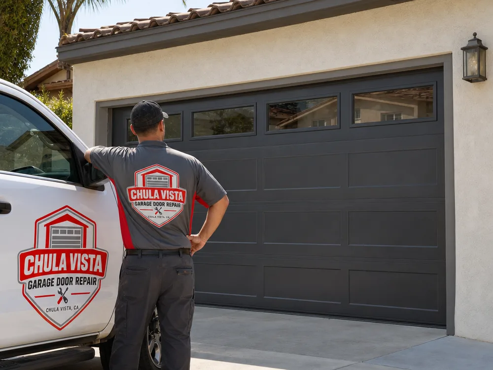 Finished modern steel sectional garage door on a stucco home