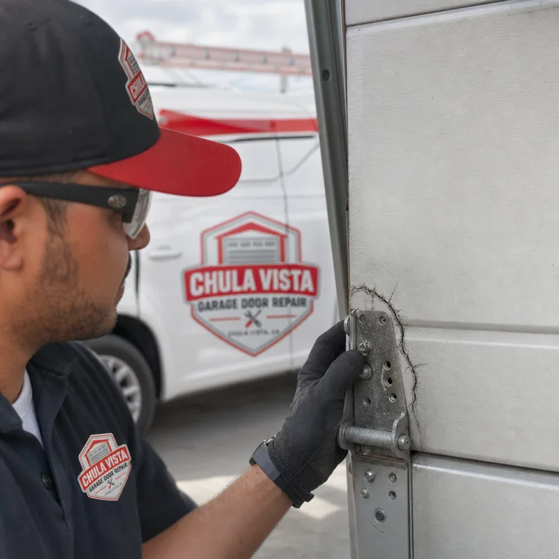 Bent sectional garage door panel edge with stress cracks around hinge fastener holes