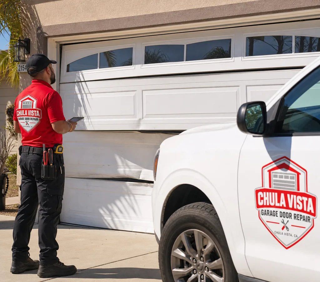 Residential garage door with visible panel damage being assessed for replacement