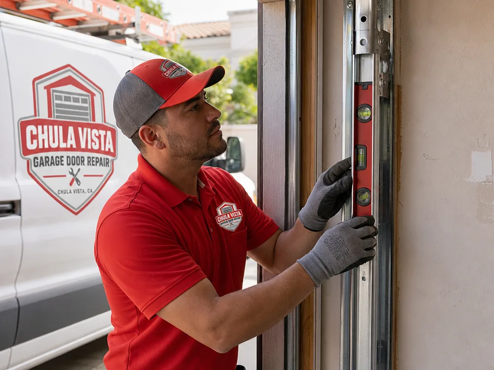 Contractor aligning vertical garage door track and checking roller travel with a level