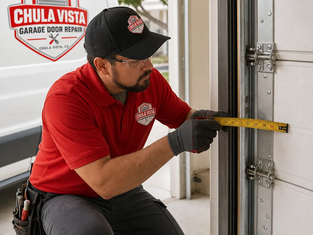 Contractor measuring a sectional garage door panel and inspecting hinges and track alignment