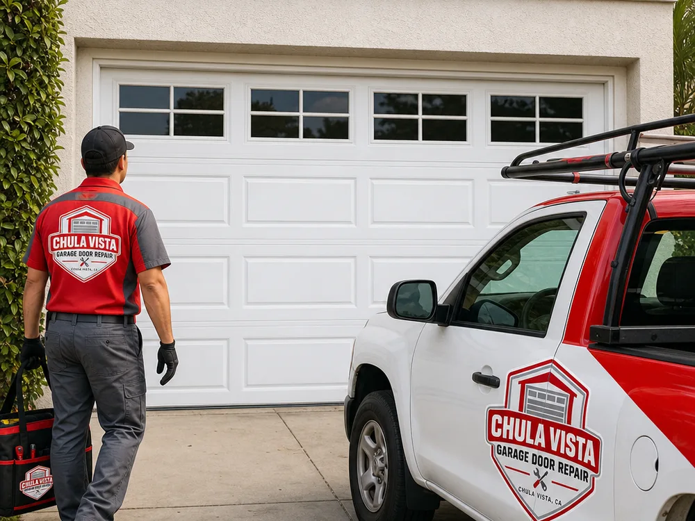 Finished residential sectional garage door installed evenly within its opening