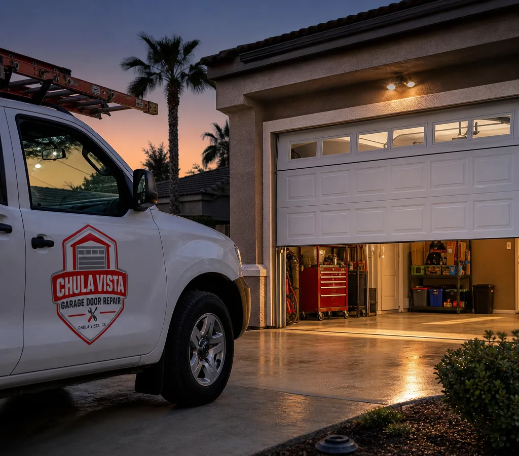 Residential garage door partially open at dusk with the opener light on