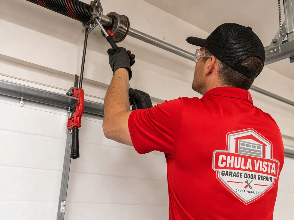 Garage door contractor inspecting a torsion spring and cable drum above a secured door