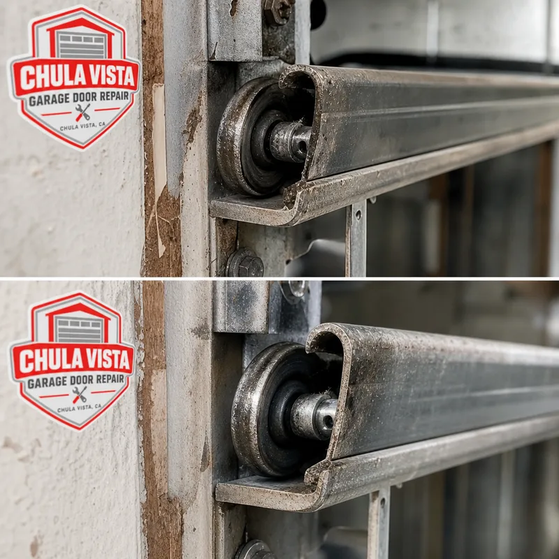 Misaligned commercial door track and worn rollers on an older overhead door