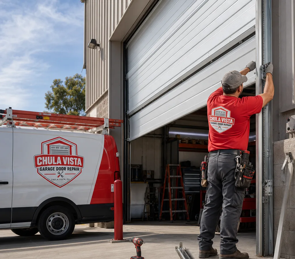 Commercial sectional overhead door being installed at a warehouse loading area