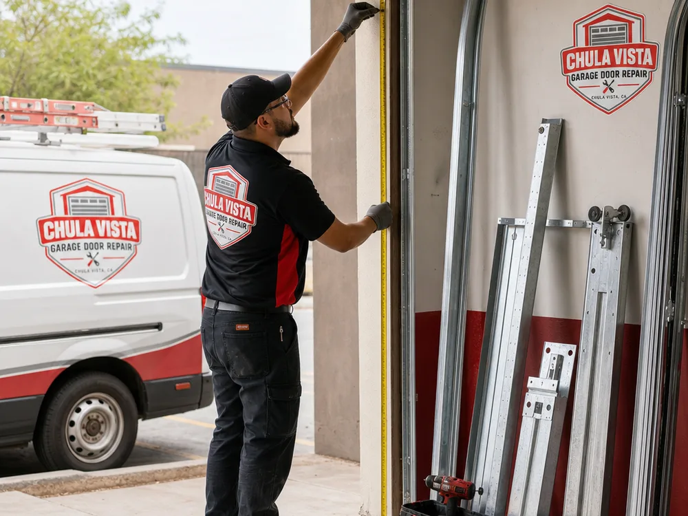 Installer measuring headroom and side room at a commercial door opening with track components nearby