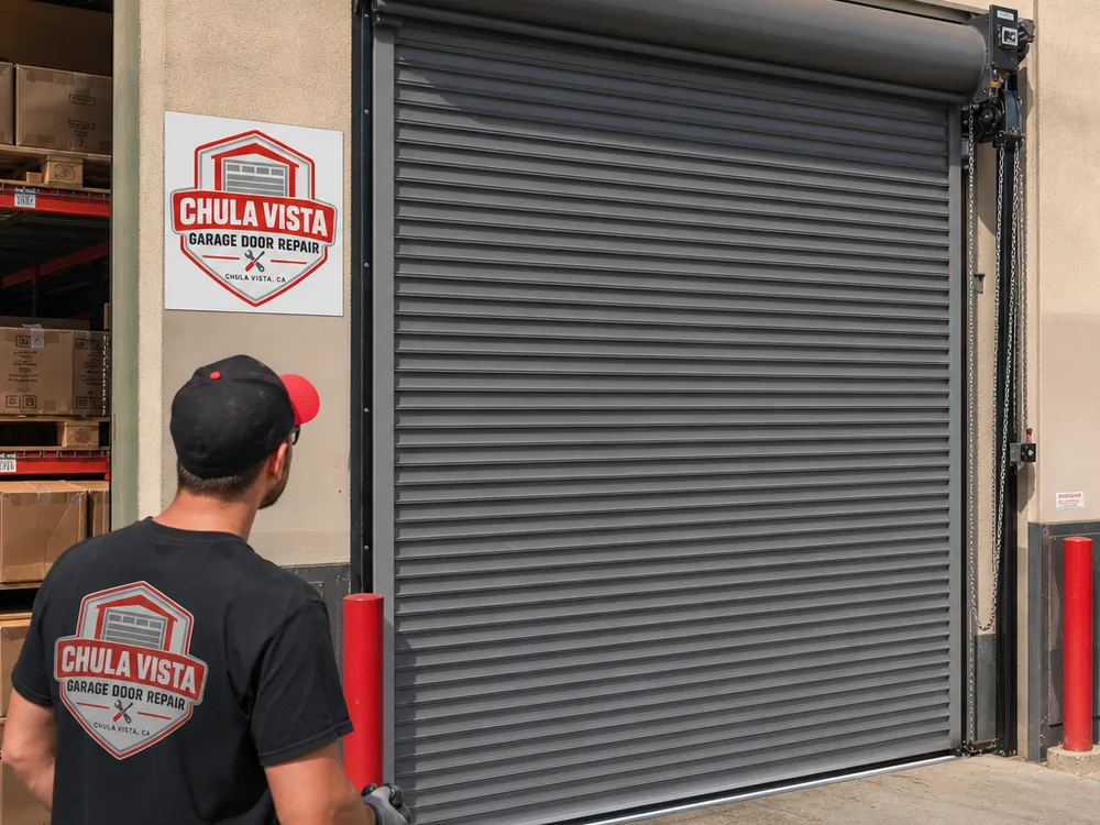 Rolling steel roll-up door with a manual chain hoist at a warehouse opening