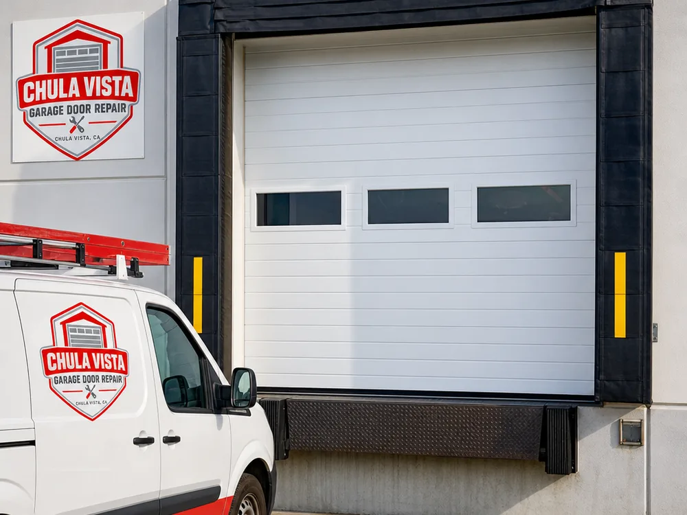 Finished sectional commercial overhead door installation at a loading dock