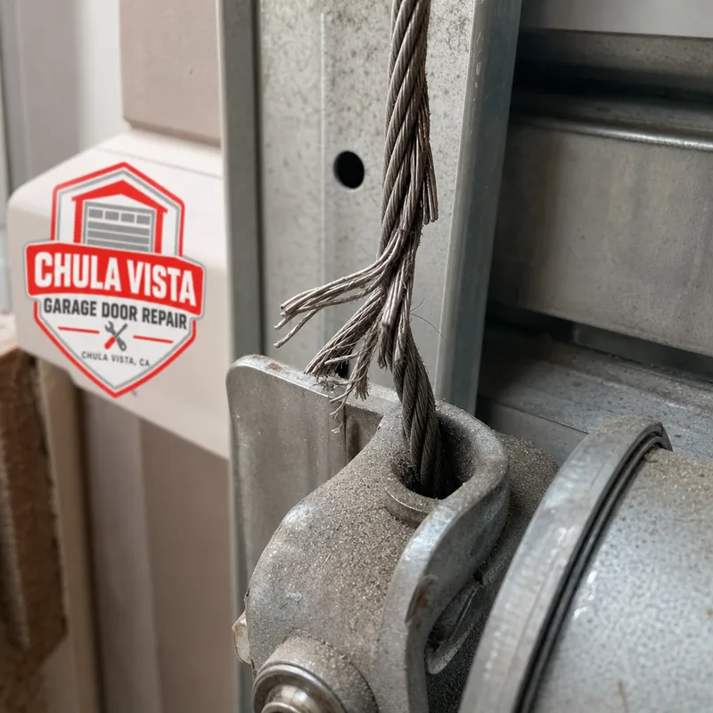 Frayed garage door lift cable near the bottom bracket with visible broken strands