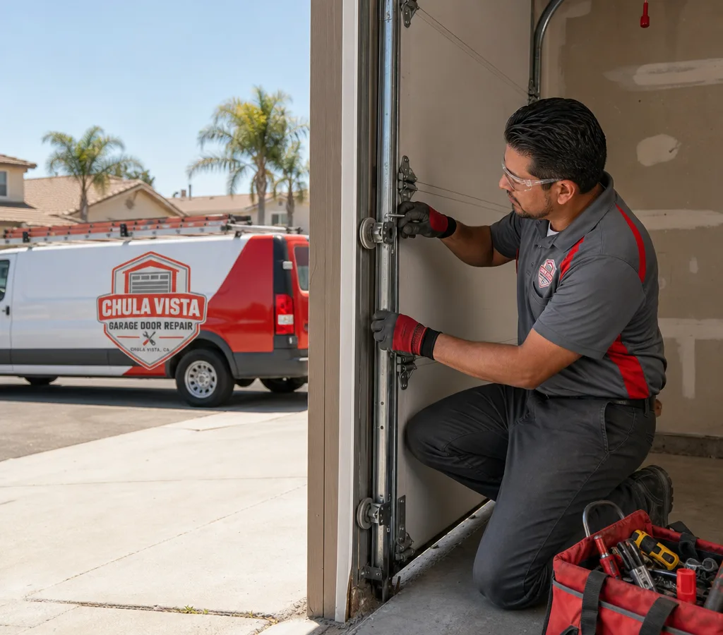 Contractor inspecting garage door rollers and vertical track at the jamb of a partially open door