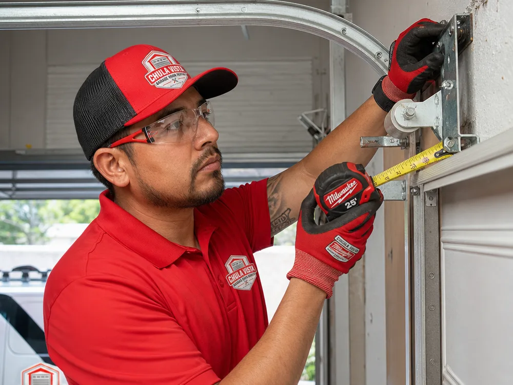 Contractor adjusting track brackets and measuring garage door track spacing