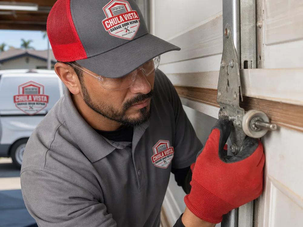 Worn garage door roller seated in the track while a contractor checks the roller stem and hinge connection