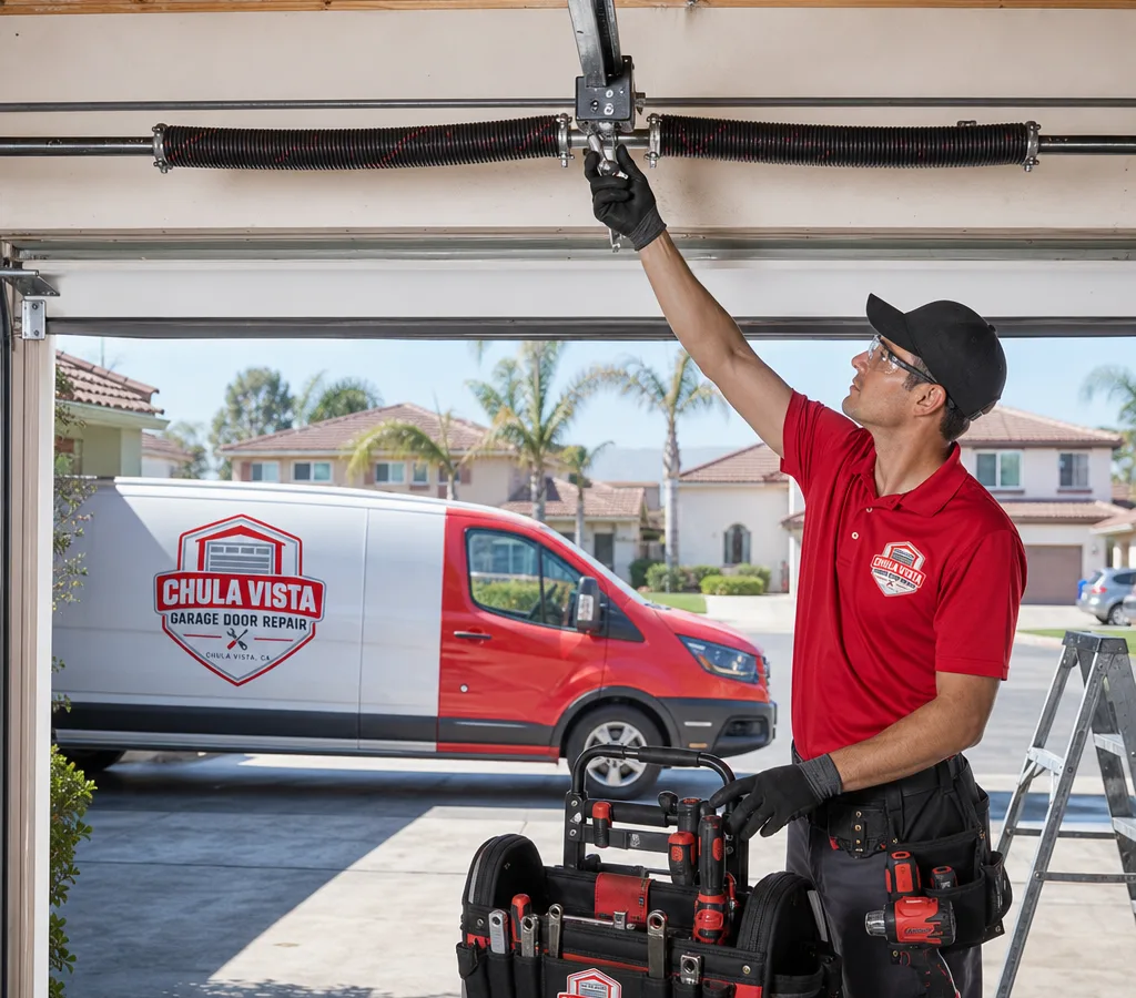 Residential garage door with a visible torsion spring assembly and a contractor preparing tools near the center bracket