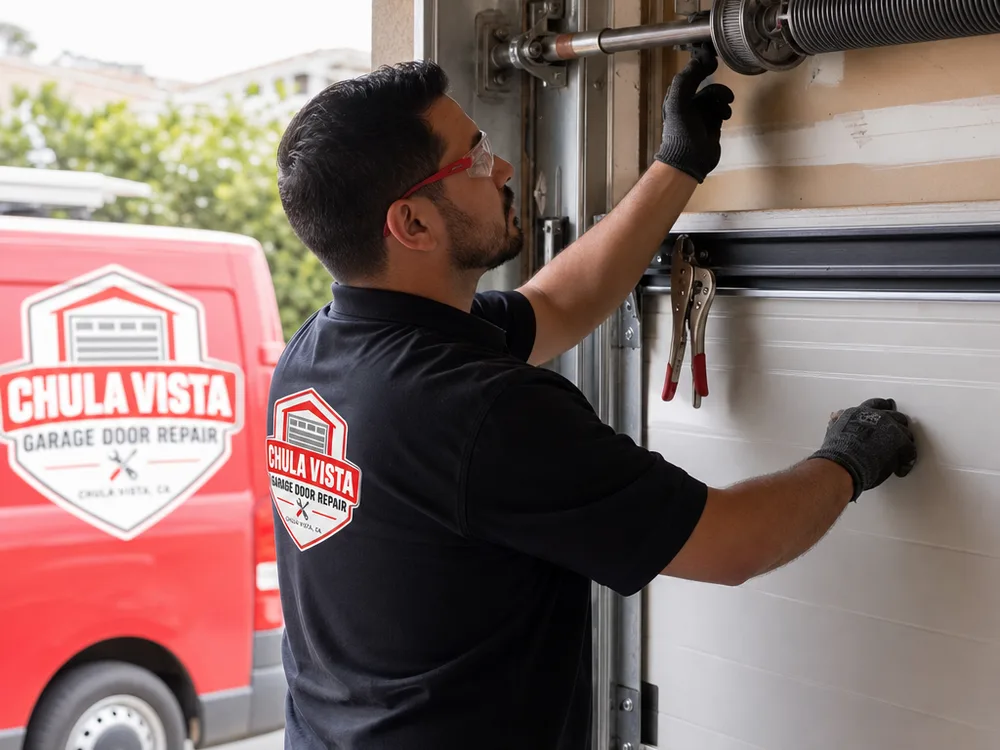 Contractor checking lift cables on the drums at the ends of a torsion shaft while the garage door is clamped