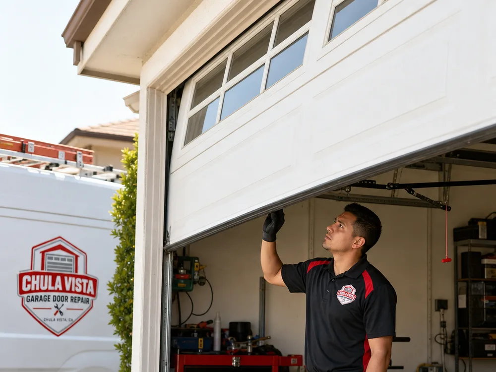 Contractor testing the manual balance of a residential garage door held level at mid-height