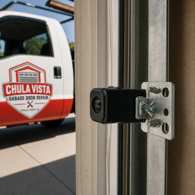 Photo-eye safety sensors aligned across the garage door opening