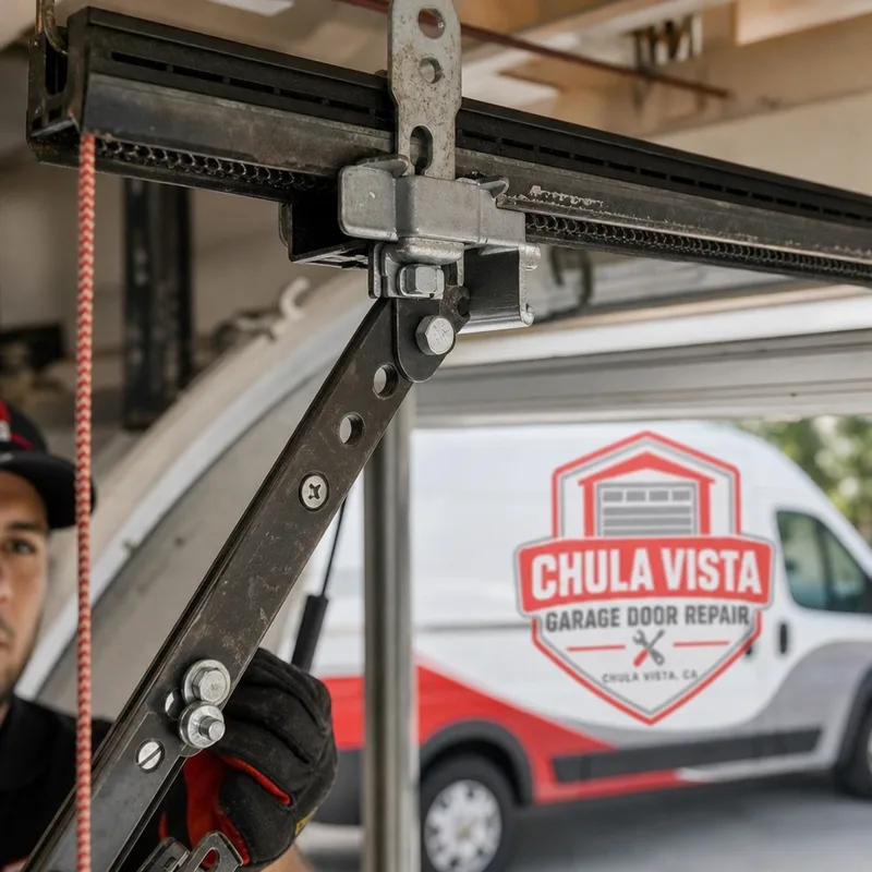 Close-up of a garage door opener trolley and carriage assembly on the rail