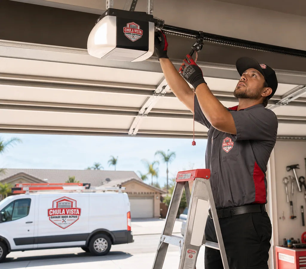 Residential garage door with an overhead opener unit and a contractor inspecting the opener rail and trolley connection