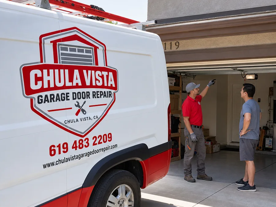 Contractor speaking with a homeowner while pointing to the garage door opener and photo-eye sensors